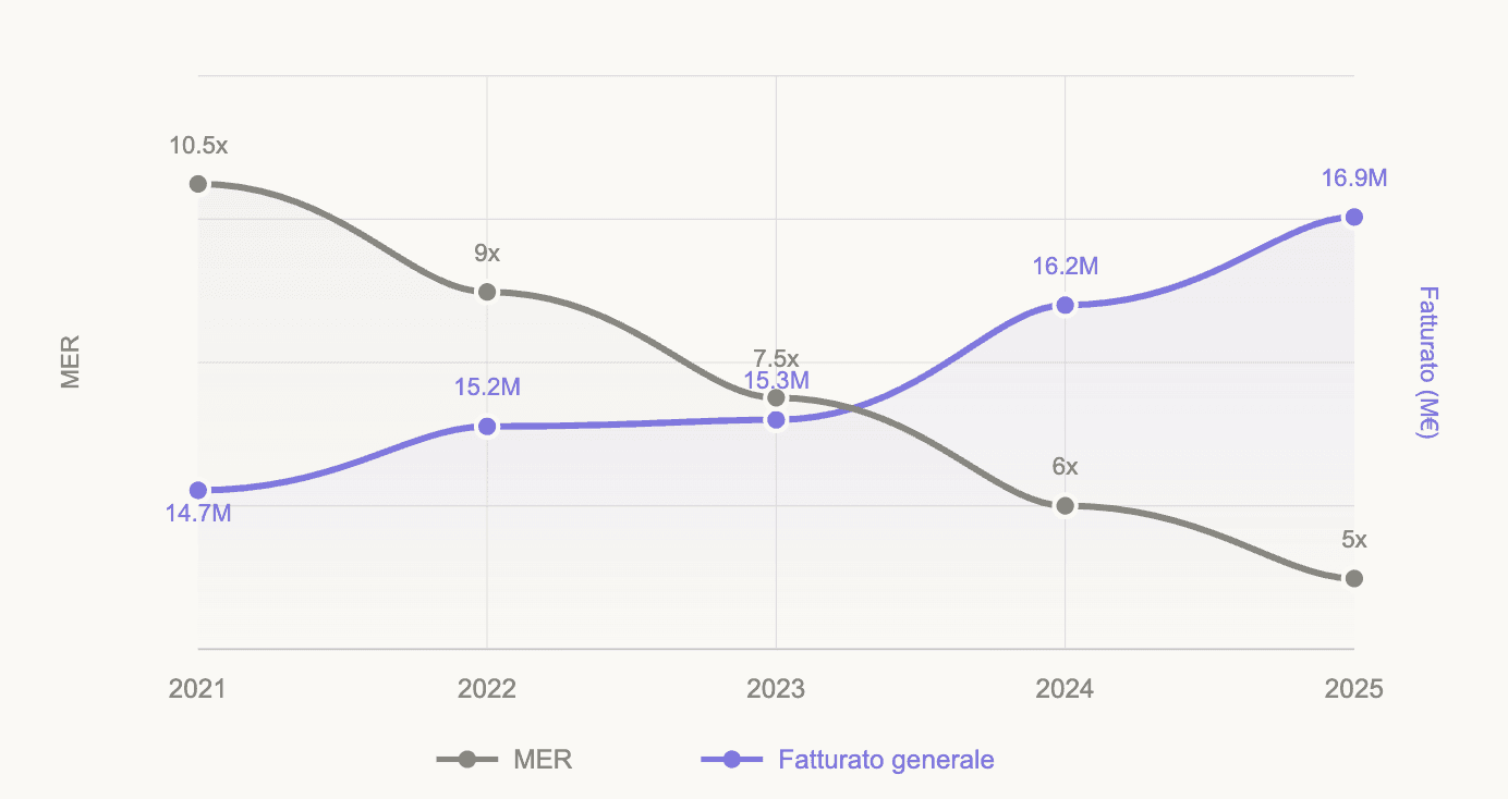 Grafico MER in decrescita e fatturato generale in crescita